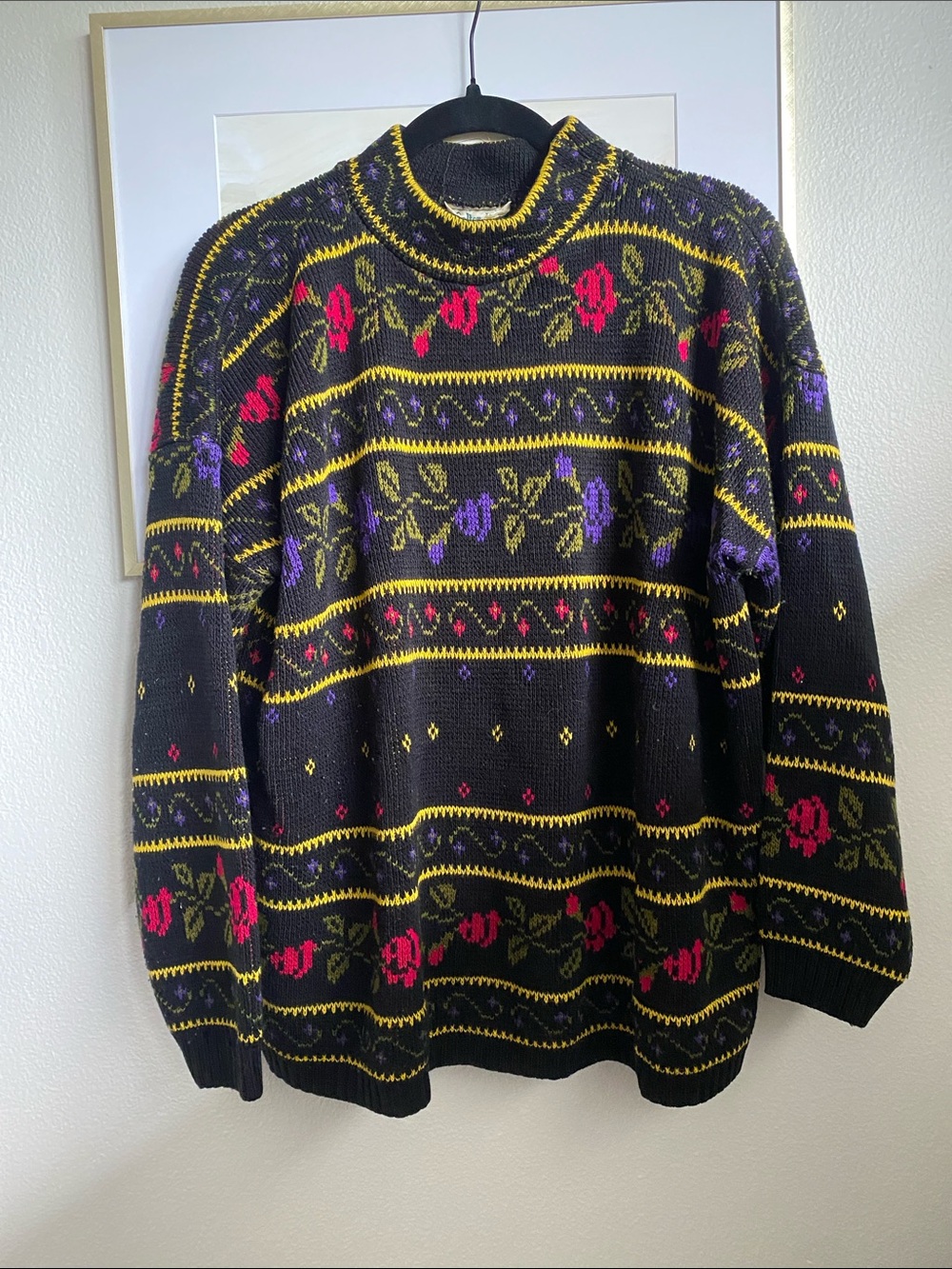 Colter Bay International Black Floral Pattern Men's Mock Neck Sweater, Sz 42/22W